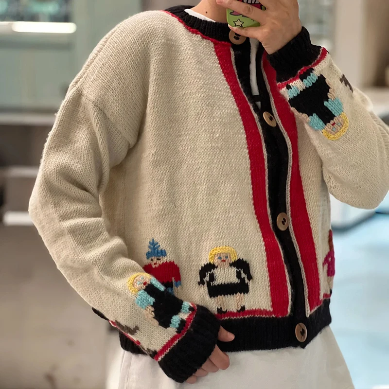 

New Heavy Work Autumn Winter Women's round Ne Sweater Cardigan Cartoon Character Intarsia Color Blo Knitwear Coat