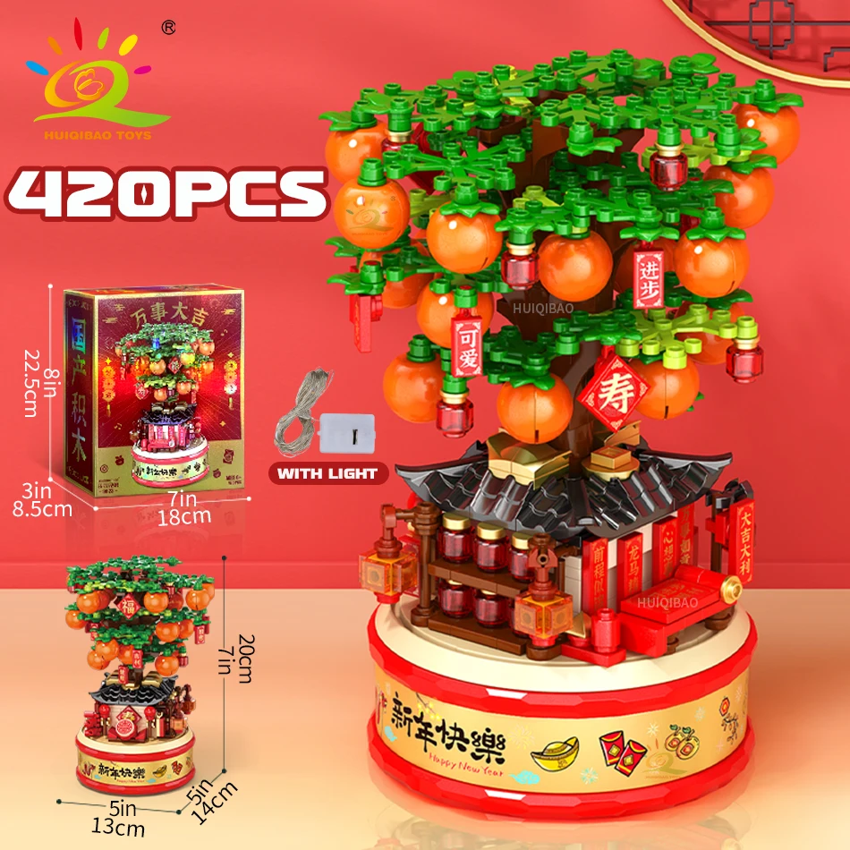 HUIQIBAO-décennie s de construction de modèle de chat porte-bonheur Maneki Neko, ornements d'arbre d'oranger, ensemble de briques, construction de ville, cadeau de jouets pour enfants, nouvel an