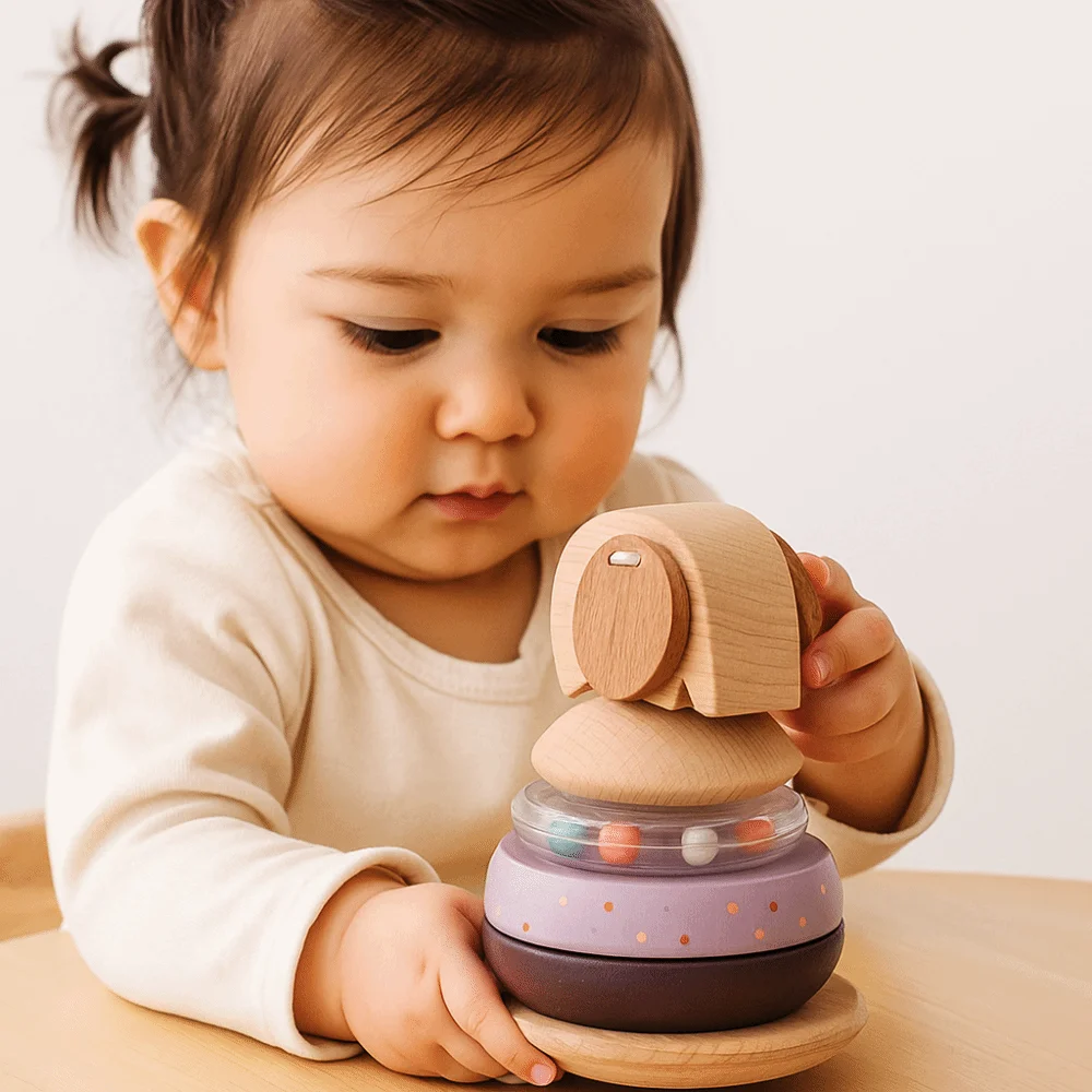 Wooden Baby Pole Stack Montessori Senses Grasp Animal Blocks Educational Toys Ferrule Stackable Elephant Bell Teething