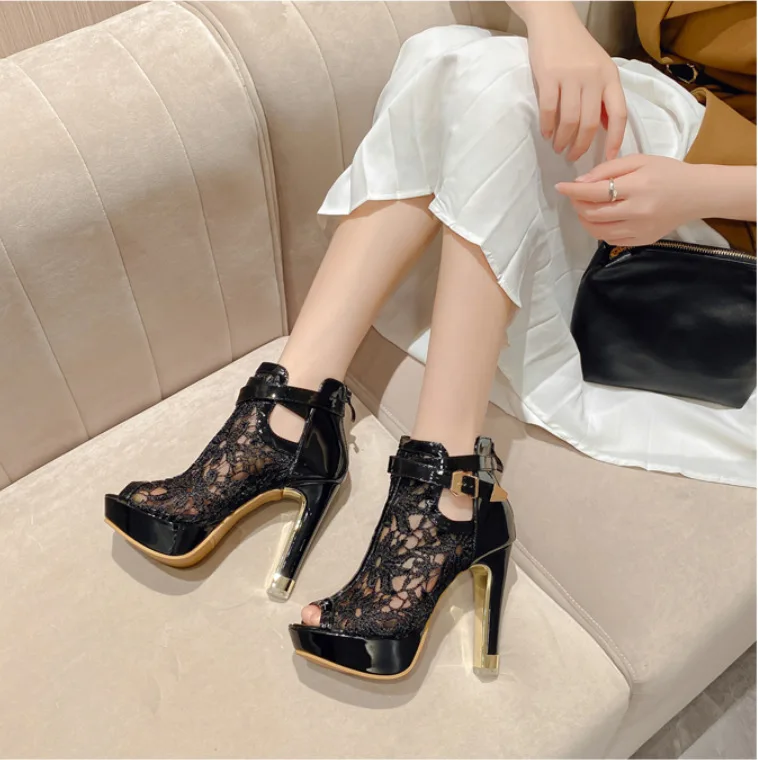 New Style Lace fish mouth high-heeled sexy female sandals Banquet girl temperament boots cool boots women 35-42