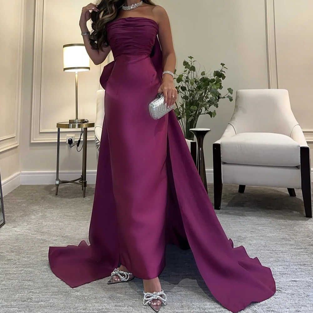 Fashion Bow Satin Evening Dresses Temperament Straight Ankle Length Strapless Sleeveless Custom Made Special Occasion Gowns