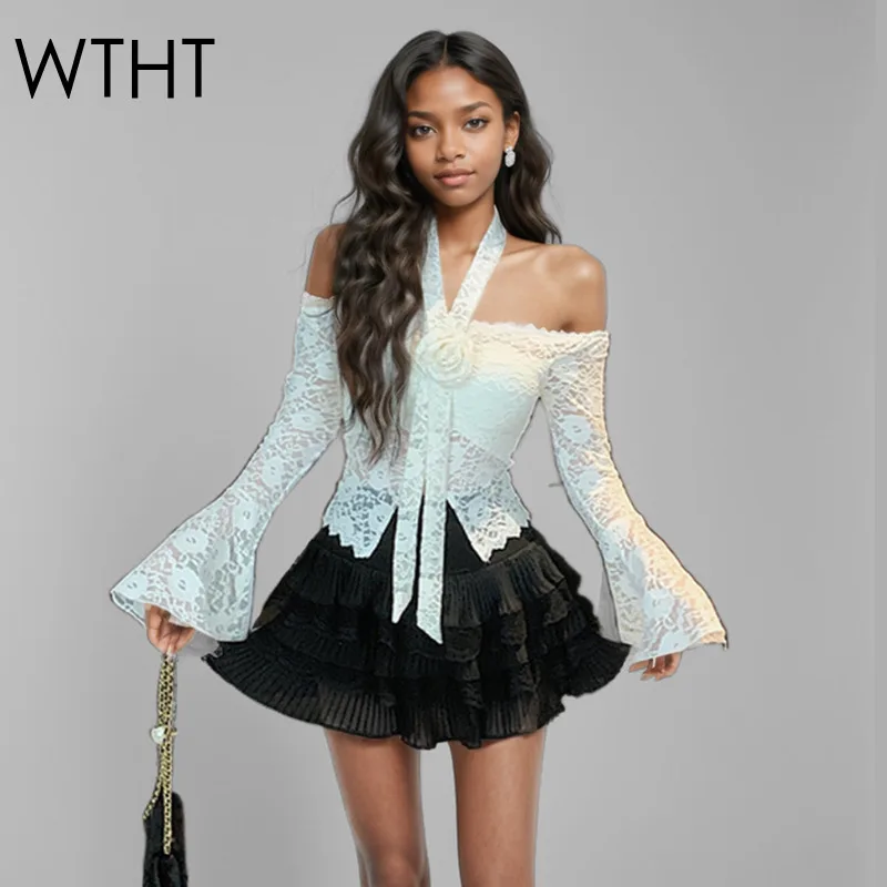 

WTHT New Trendy Women's Lace Hollow Out Flare Sleeve T-shirt 2025 Spring Fashion Halter Bandage Design Tops Female 1LS989