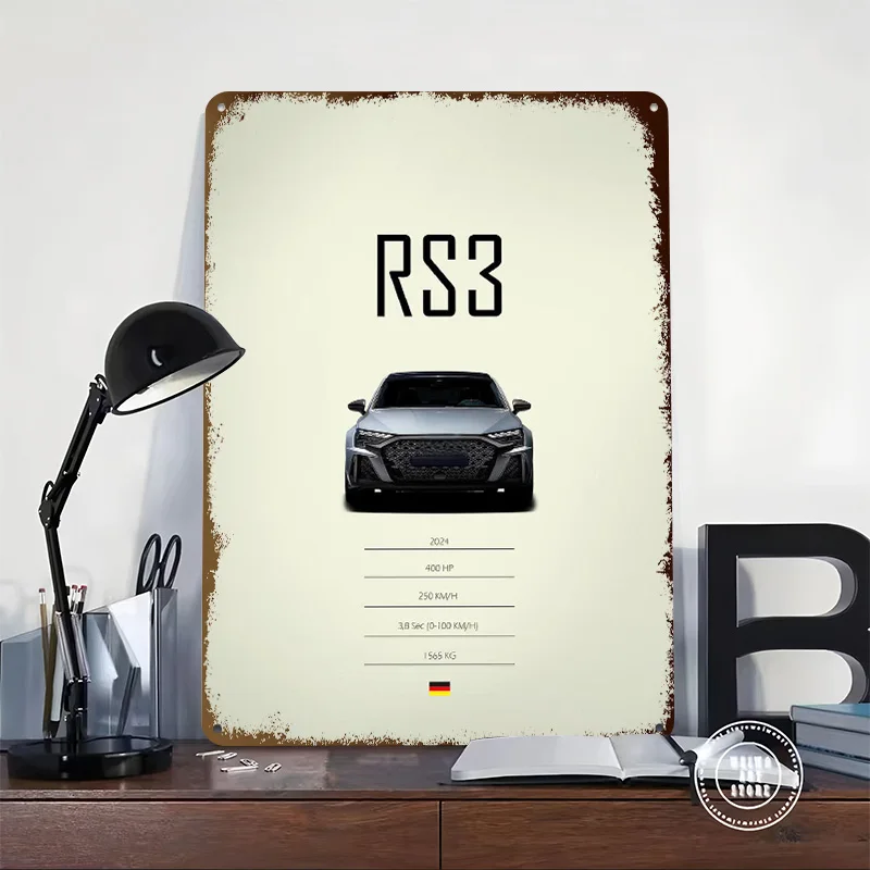 2024 Sports Car RS3 Poster Customized Wall Art Vintage Metal Signs Retro Tin Plaque for Man Cave Living Room Decoration House