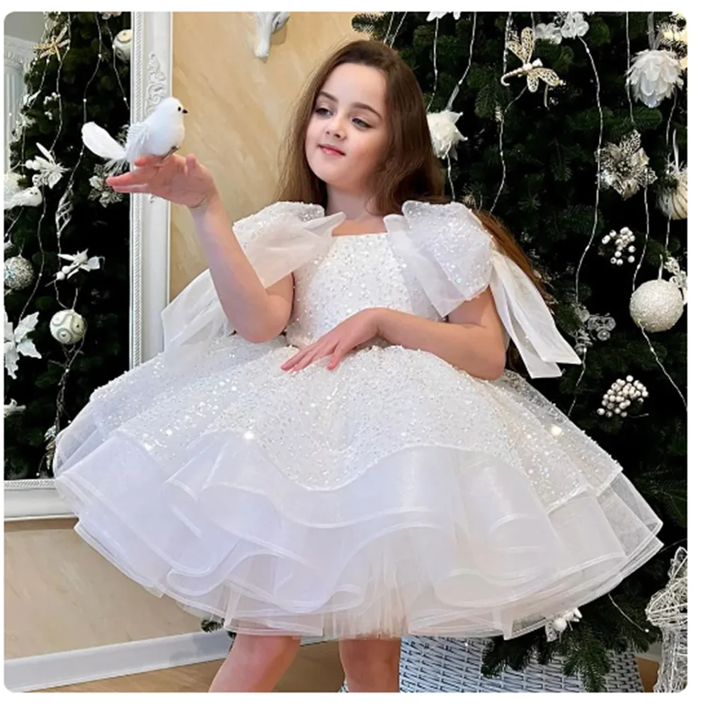 Sparkly White Flower Girl Dress Big Bow  Princess Kids Wedding Birthday Party Gown First Communion Pageant Banquet Performances