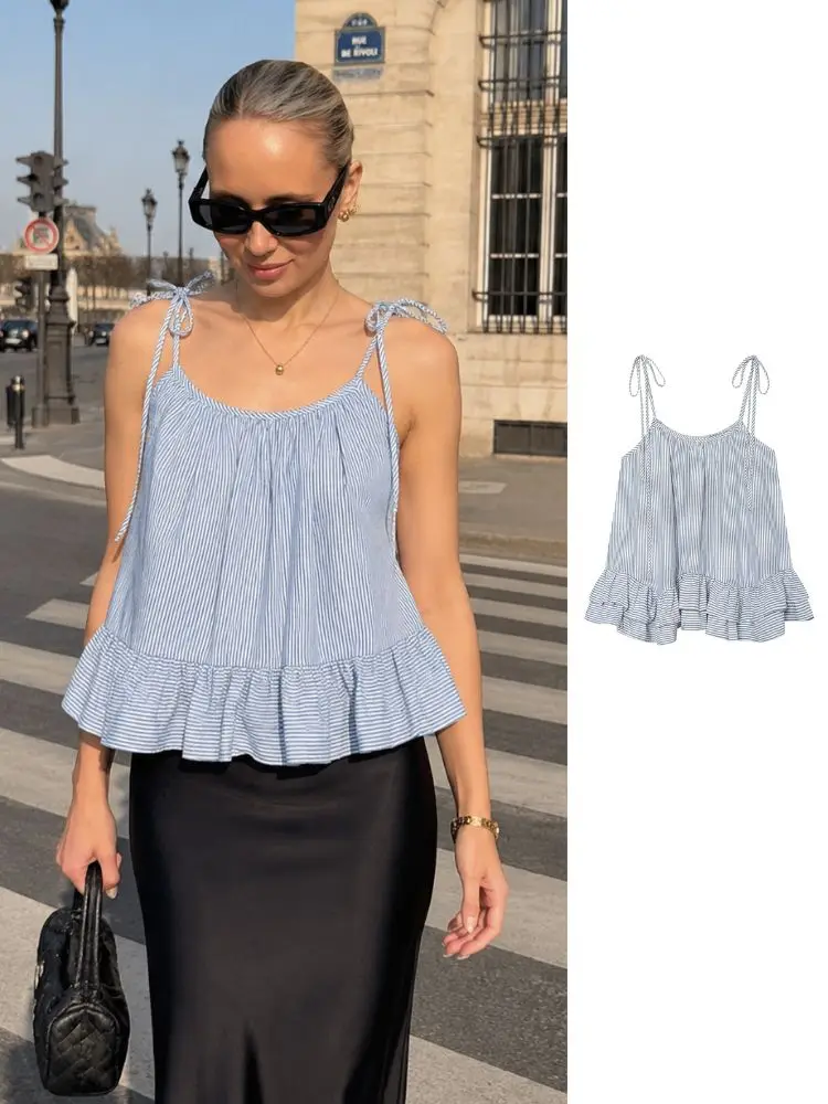 HH Summer Vertical Stripe Tie‑Strap Cami Top Gathered Neckline Double Tiered Ruffle Hem Loose Flowy Beach Holiday Daily Camisole
