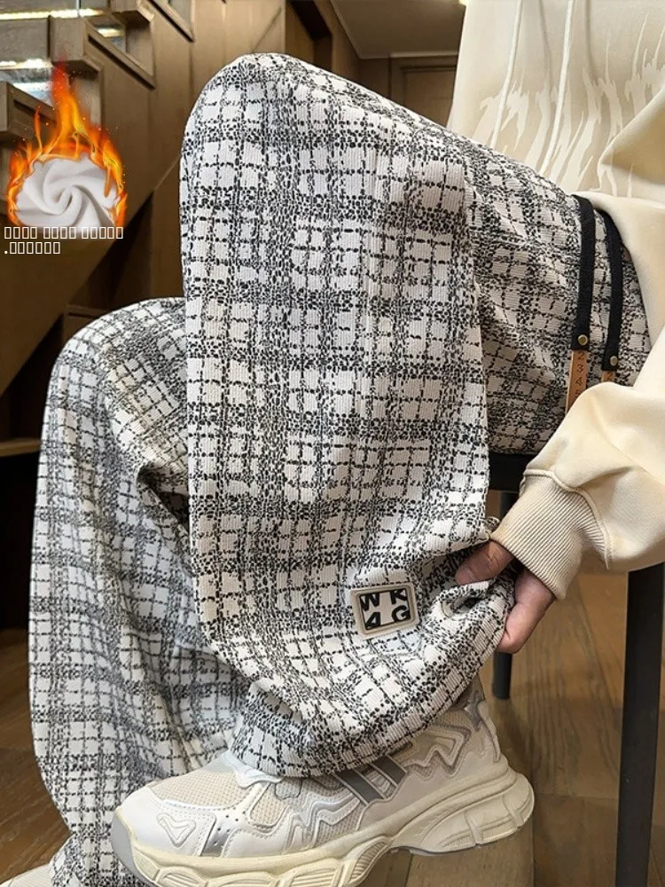 

Черно-белые клетчатые утепленные вельветовые мужские зимние повседневные брюки свободного кроя с прямыми штанинами, комфортные, длинные, струящиеся