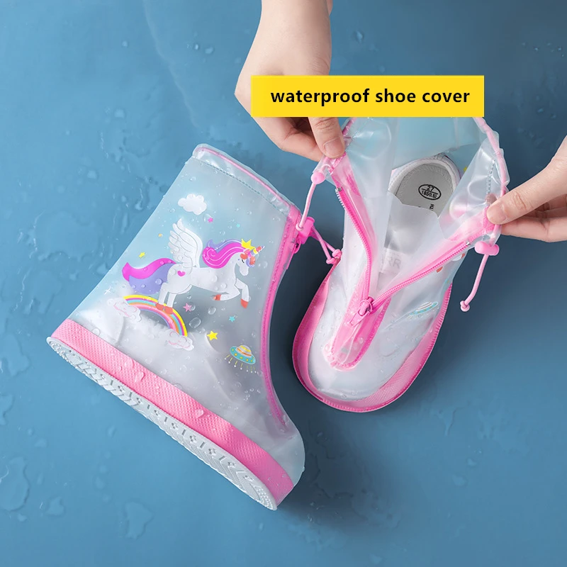 1 set Non-slip Waterproof Rain Shoe Covers Solid Rain Shoes Kids Cartoon Unicorn Galoshes Zip PVC Rain Shoes