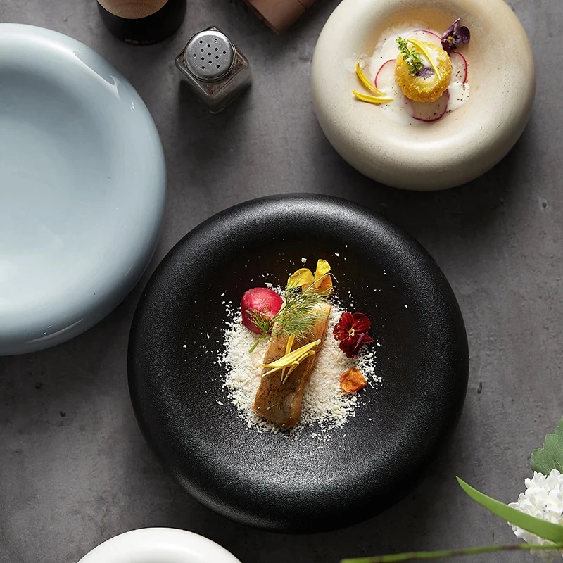 Ceramic Dinner Plate Round Thick Rim Decorative Plate Vegetable Salad Plate Restaurant Table Top Decoration Kitchen Supplies