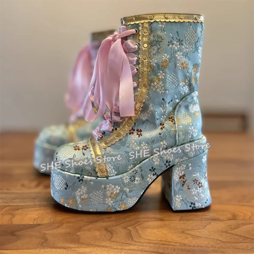 

Luxury Flowers Embroidery Women Lace-Up Boots Chunky Platform High Heel Side Zipper Ankle Boots Retro Mixed Color Lady Boots