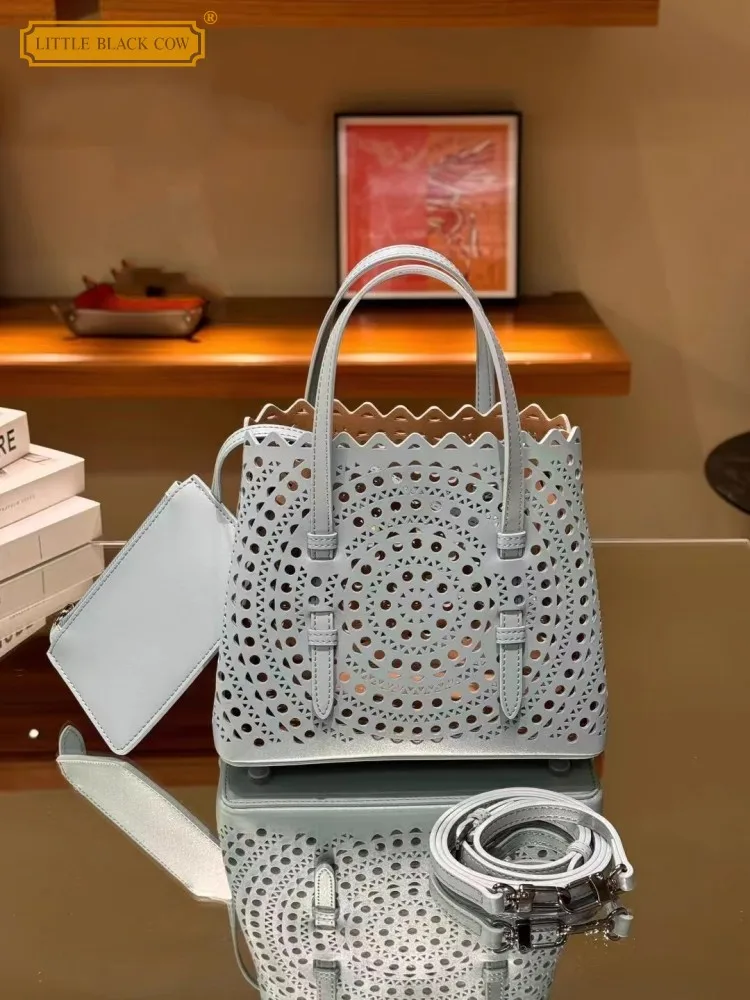 

Bucket Style Soft Women Casual Cowhide Real Leather Hollow Out Shoulder Bag Multifunctional Fashionable Handbag Tote Solid color