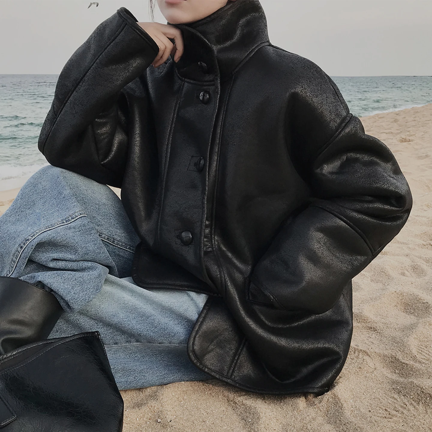 الرجعية Sle جلد الغزال دراجة نارية Jaet المرأة الشتاء الدفء القطن معطف Inteated الفراء والجلد ملابس خارجية #4