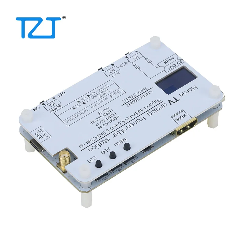 TZT White Analog TV Signal Transmitter Home Analog TV Transmitter with OLED Display Supports Global TVs