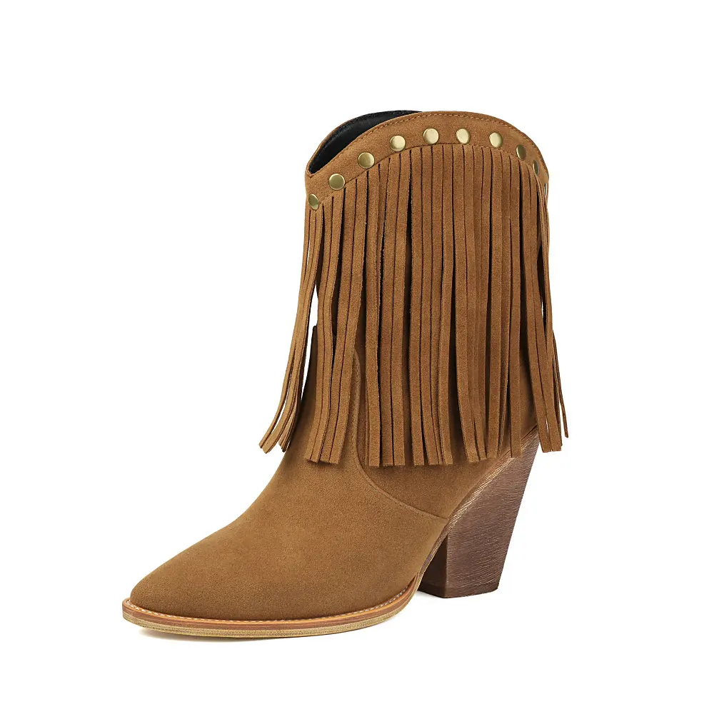 

Ковбойские сапоги в стиле вестерн с бахромой, женские ботильоны в стиле пастушки на массивном каблуке с заклепками и острым носком, обувь для фестивалей кантри-музыки