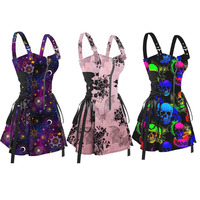 Dressfo 2024 Women's Dresses Butterfly Dinosaur Skeleton Print Lace Up Mini Dress Half Zipper Adjustable Buckle Strap Dress
