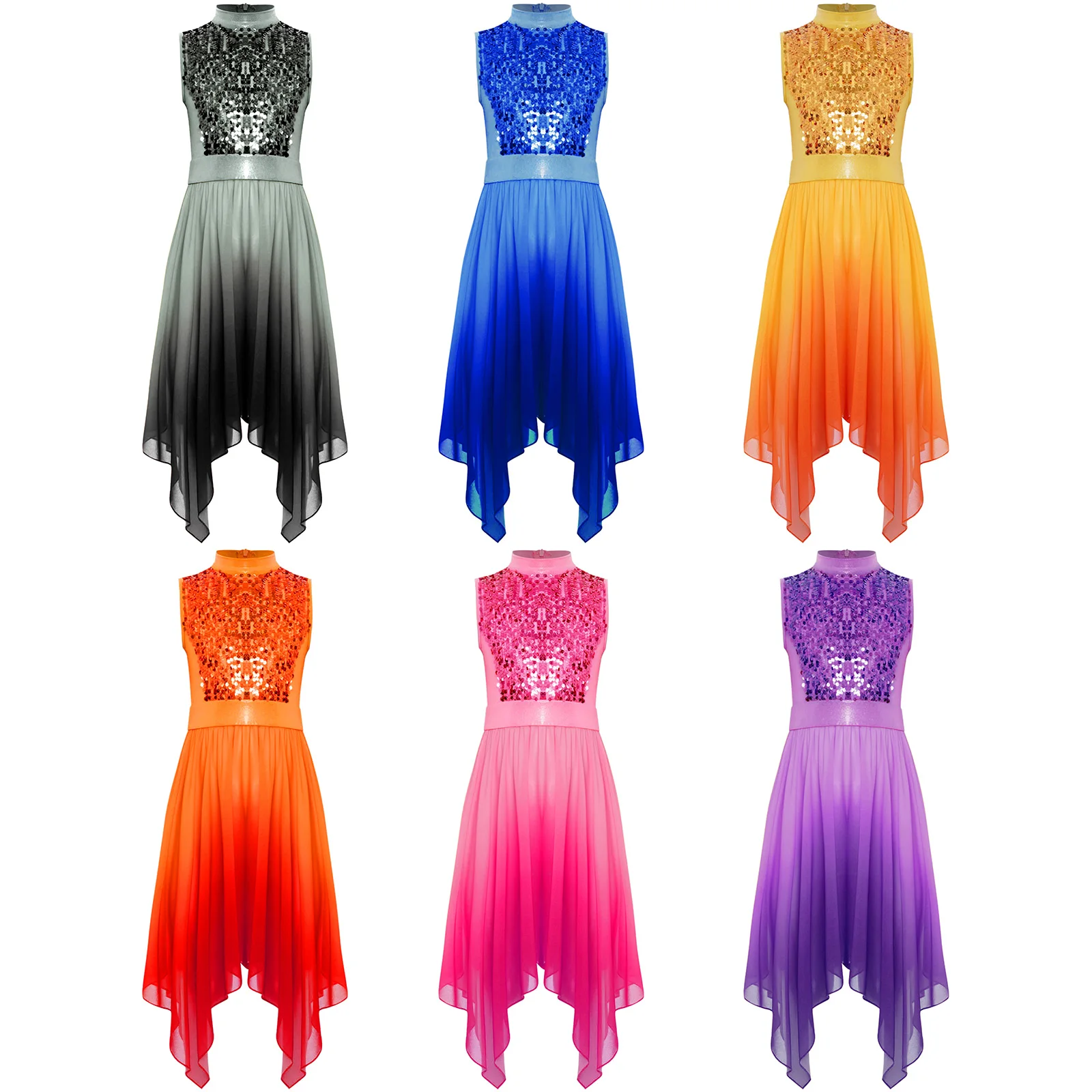 

Kids Girls Sequin Ballet Dress Sleeveless Asymmetrical Hem Leotard Dress Lyrical Latin Jazz Dance Competition Costumes Dancewear