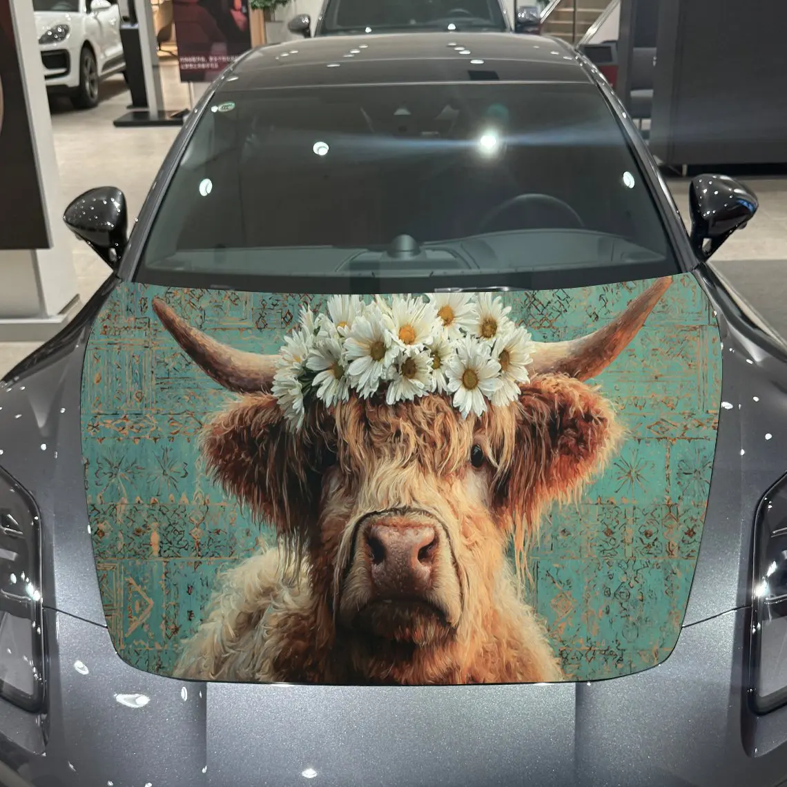 

Daisy Crown Highland Cow Auto Cover Sticker, Waterproof and Self-adhesive Auto Hood Decal, Auto Vinyl Wraps, Cool Car Exterior D