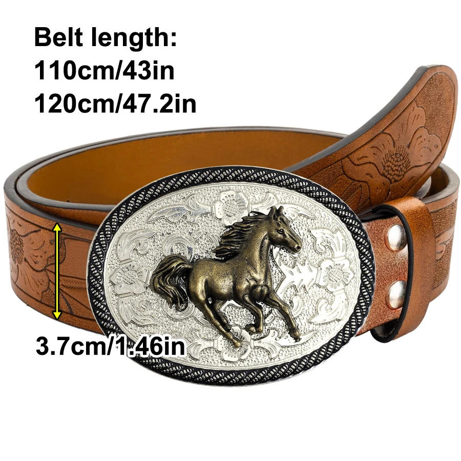 1 cinturón de estilo occidental para hombre, caballo, estampado, patrón tallado con flores y decoraciones de cuernos largos, estilo retro, gran Valentin