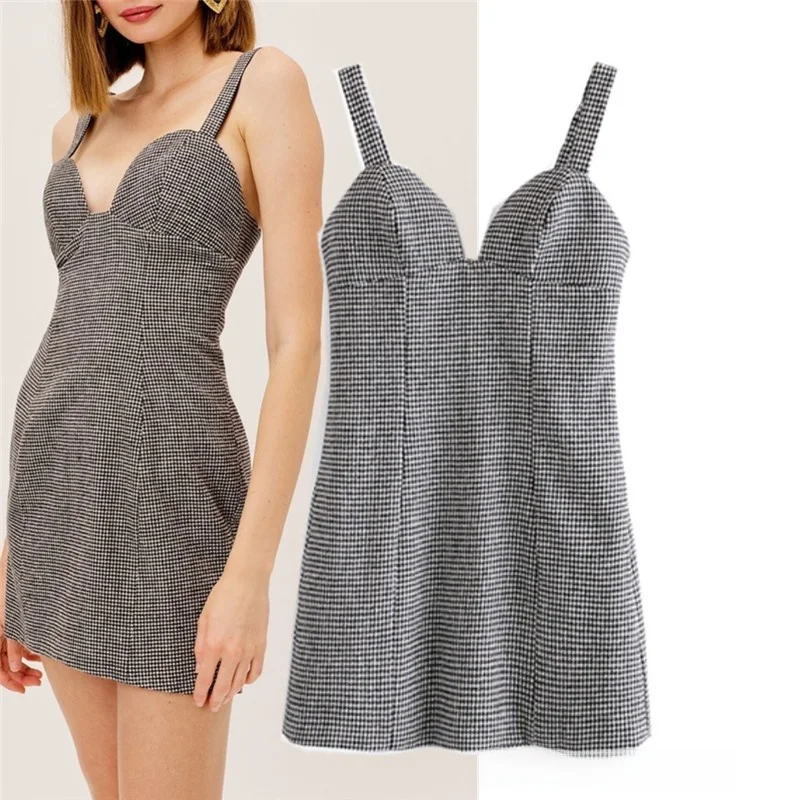 レトロ春夏セクシーミニチェック柄ドレスバックジッパーデザインストリートスタイルハイウエストVネックAラインスカートノースリーブ