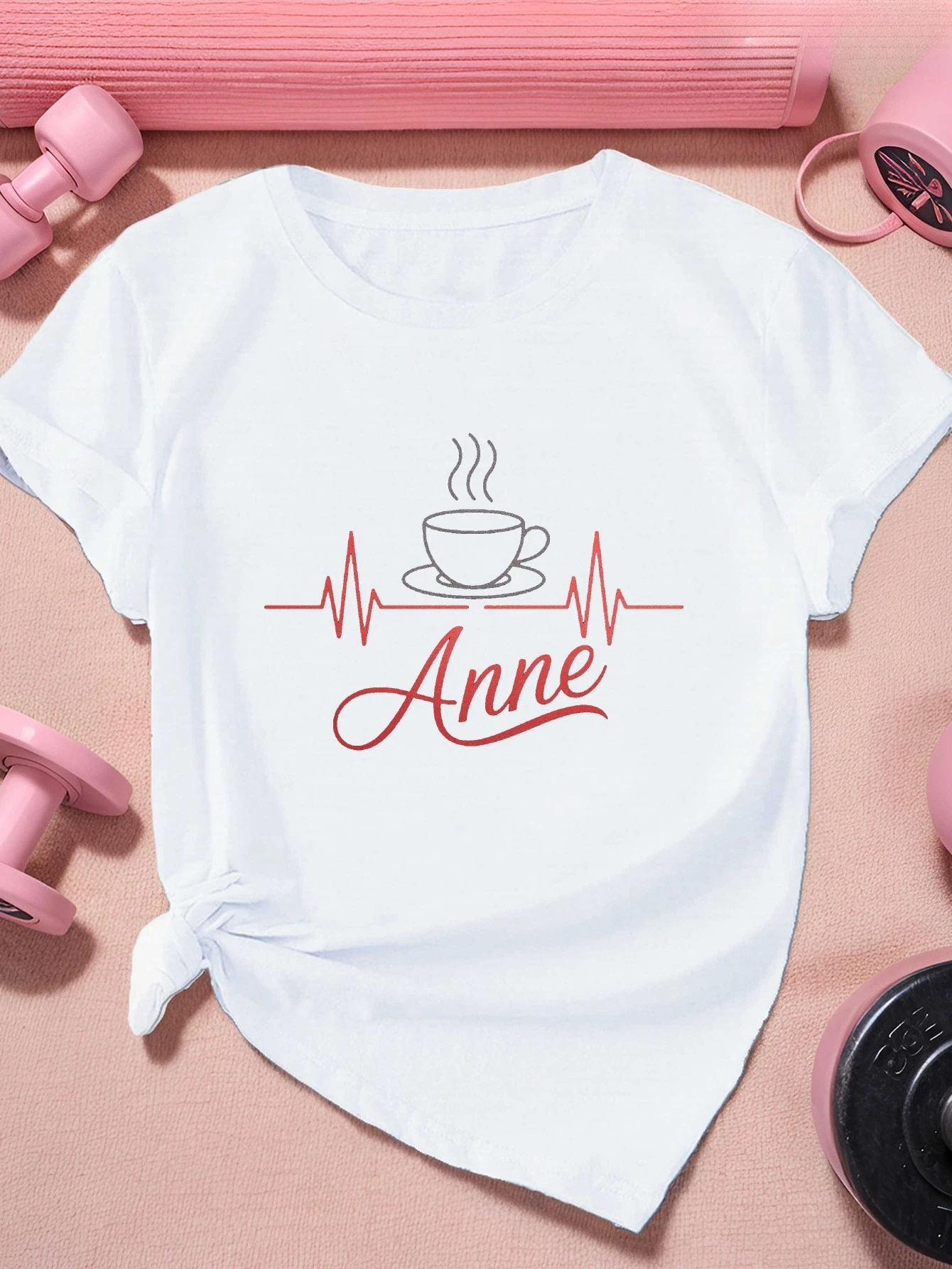 Women'S Coffee Cup Heartbeat Anne Graphic T-Shirt - Dark Grey with Red Lettering Casual Round Neck Short Sleeve Top