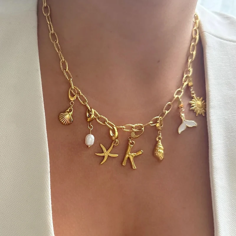 Boho A-Z Initial Letter Pendant Necklace Gold Color Beach Shell Starfish Pearl Necklace Women\'s Charm Jewelry Party Gift