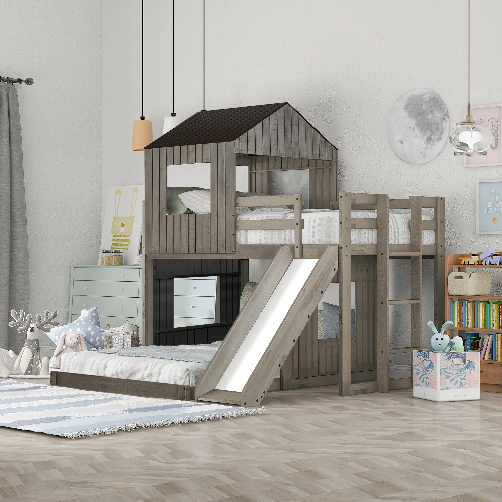 Wooden Twin Over Full Bunk Bed, Loft with Playhouse, Ladder, Slide, Guardrails, Gray 82.20x78.70x78.70 in.