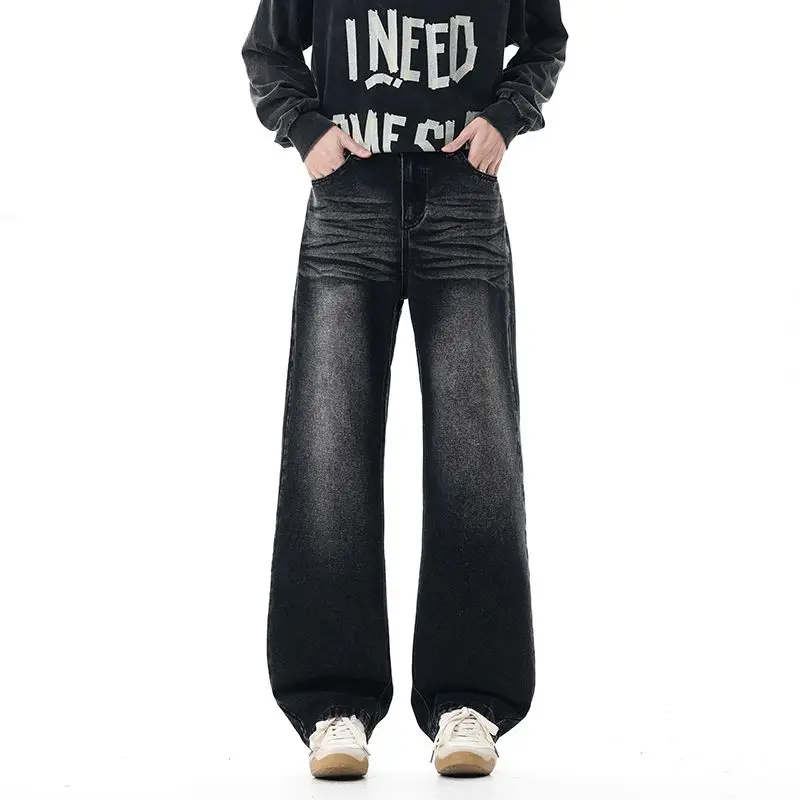 Versleten mannelijke jeans Vintage kleurverloop heren wijde pijpen broek High Street zakken heren denim rechte herfst- en winterbroek