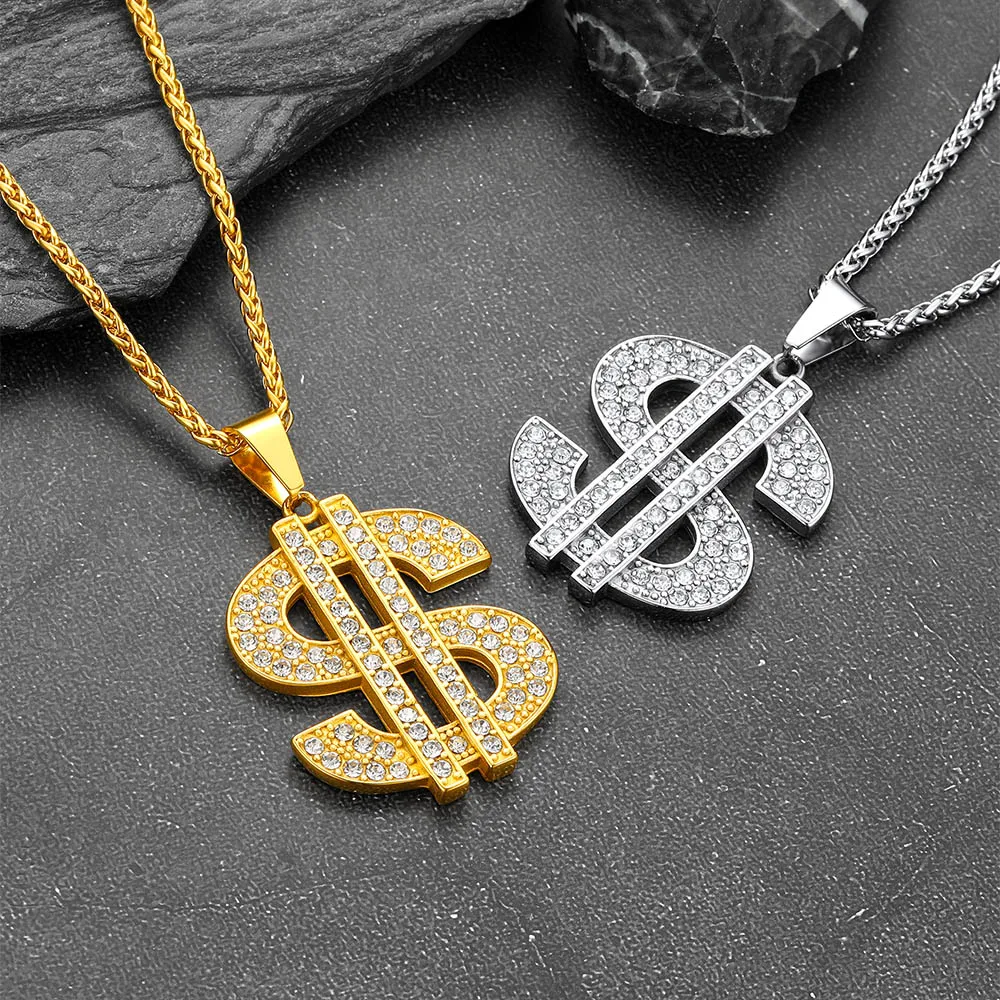 U7 US Dollar Sign Necklaces for Man Woman White CZ Paved Setting Size S/M/L Dollar Sign Pendant Gothic Hip Pop Jewelry Gift
