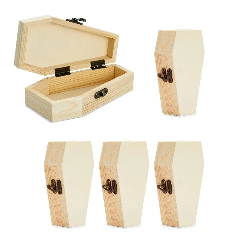 6/8/10pcs Halloween Wooden Coffin Boxes Craft Wood Party Plates and Coffin Decorations Fillable Hinged Boxes for Holiday Decor