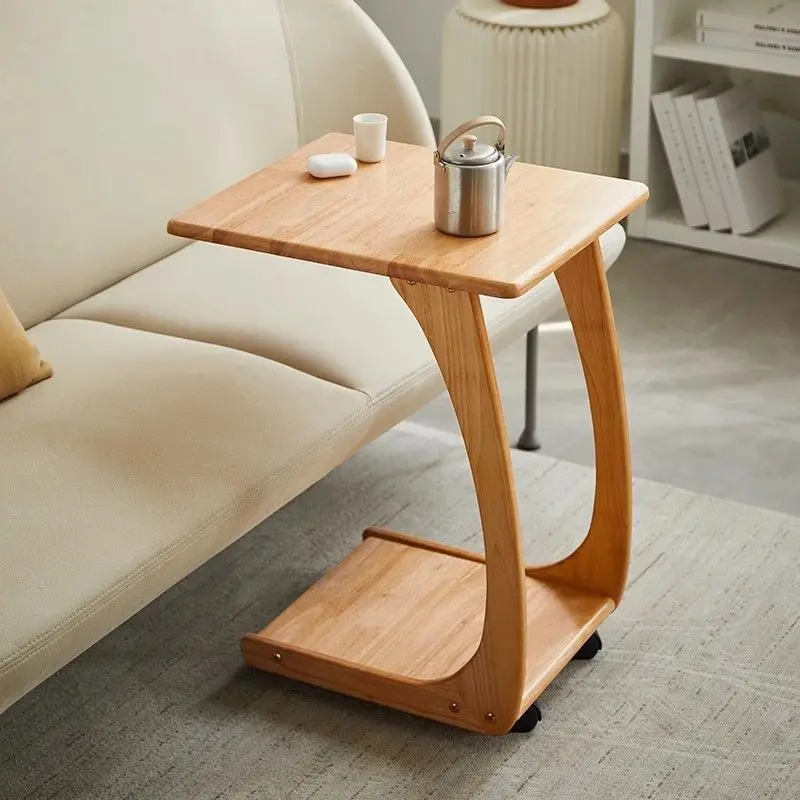 

All solid wood bedside mini side table simple removable side table home living room bedroom sofa with wheel computer table