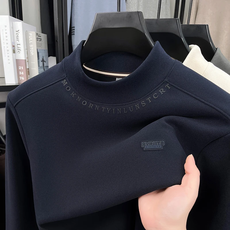 

Man Luxury Long Sleeves T-Shirt Mock Neck Polar Fleece Letter Print Pullover Soft Skin-Friendly Winter New Leisure Mens Clothing