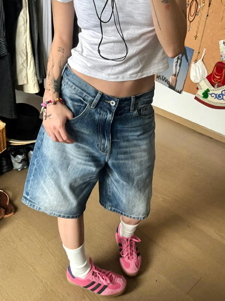 Retro Azul Denim Shorts para Mulheres Solto, Casual Comprimento Do Joelho Calças Perna Larga Curta Jeans Baggy Adolescente Estudante Moda Verão