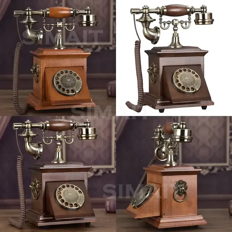 Solid Wood Vintage Corded Telephone, Retro Phone with Hidden Rotary Dial Pad, Electronic Ringtone Redial Function Home Decor