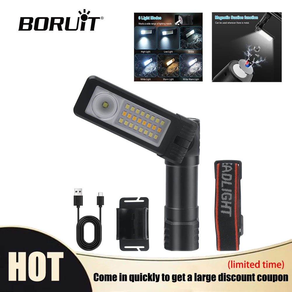 

BORUiT Rechargeable LED Headlamp with Built-in Battery Type-C Magnetic Work Light for Camping Fishing Night Repair Outdoor Use