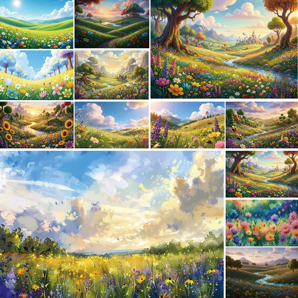 

MOON.QG Spring Meadow Landscape Background Grass Tree Flower Backdrop Baby Portrait Decor Photo Birthday Photography Accessories