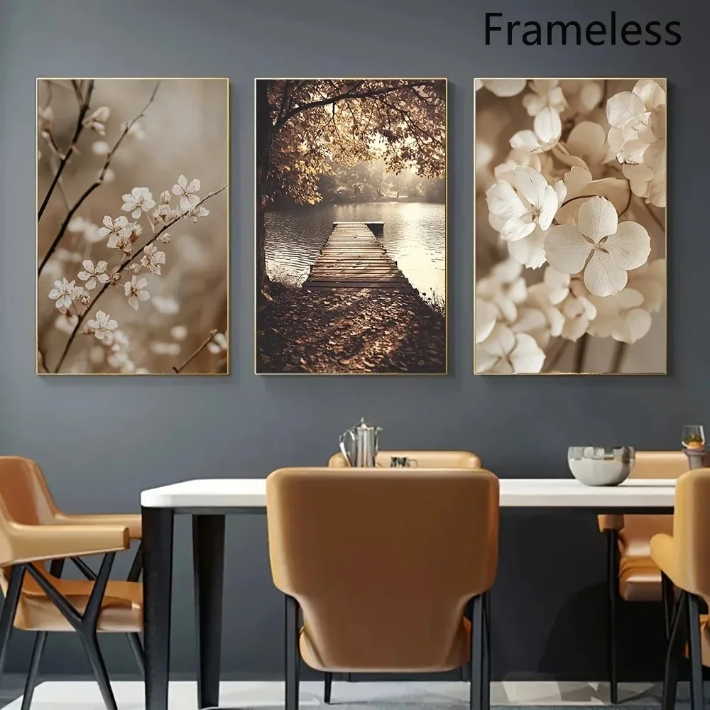 2D Flat A Series of Three Frameless Pieces of Modern Bohemian Canvas Art Featuring Patterns of Lake Fog And Plants, Designe