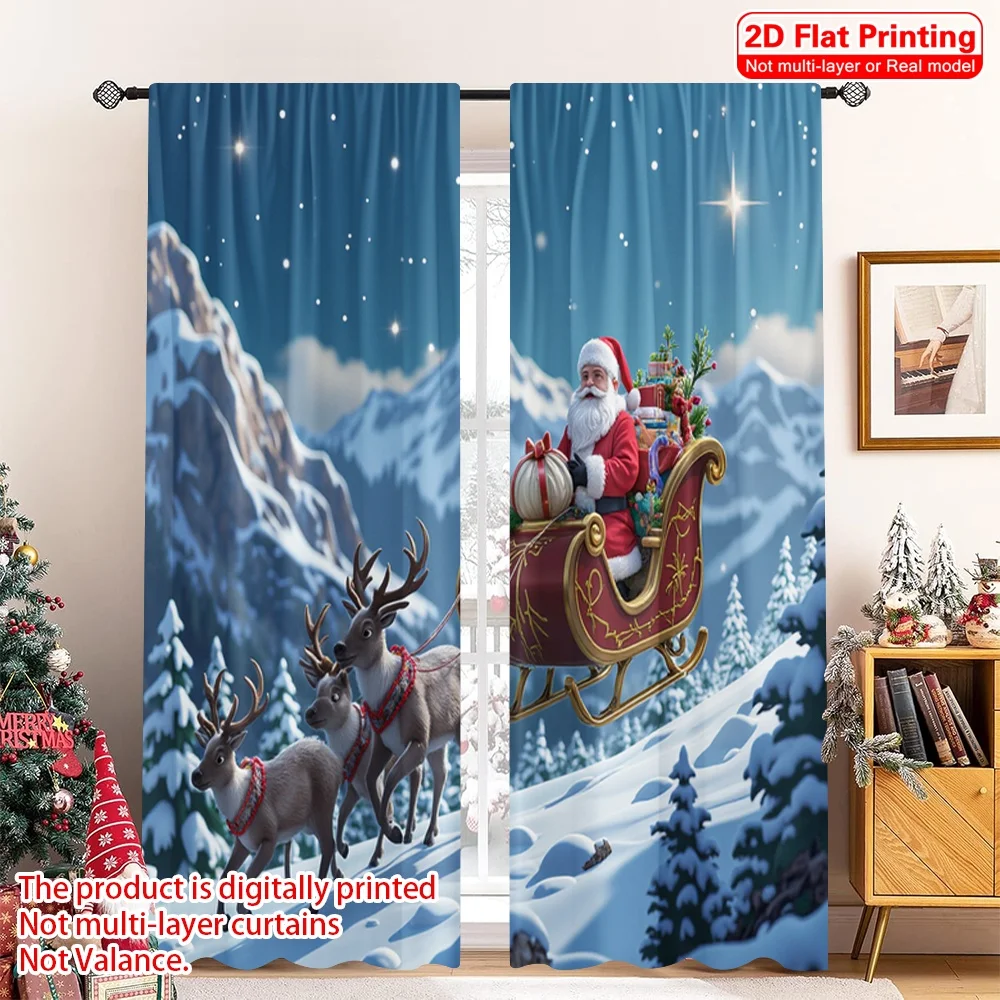 

2pcs 2D flat printing Merry Christmas Window Drapes Santa Sleigh Deer Night Polyester Fabric Without Electricity Spring for