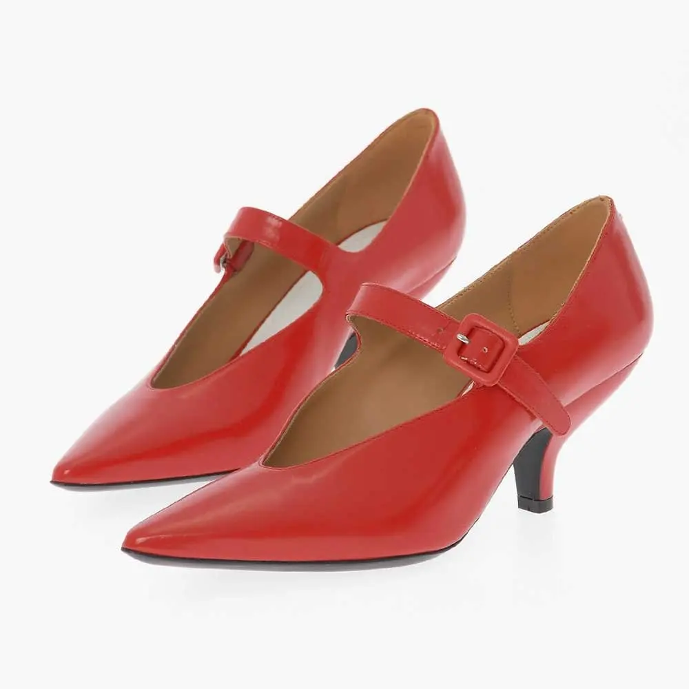 

Red Pointed Toe Buckled Strap Mary Jane Pumps Shoes with Kitten Heel