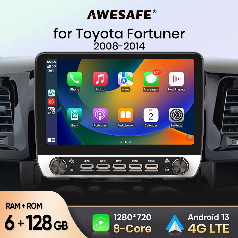 AWESAFE-Autoradio pour Toyota Fortuner Hilux Revo Vigo 2007-2015, Carplay sans fil, Android Auto Stéréo, Limitation des boutons, GPS, 4G