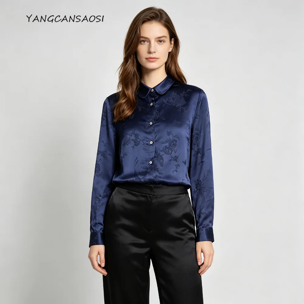 Women's Fashion Autumn New Heavyweight 100% Natural Mulberry Silk Jacquard Satin Turn-down Collar Long Sleeved Breathable Shirt