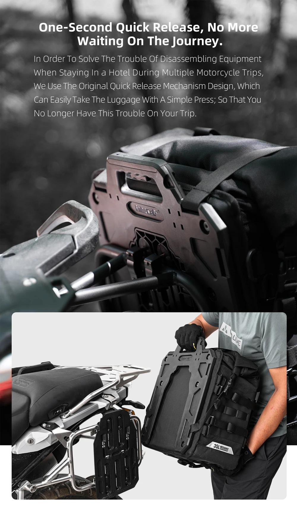 Rhinowalk 35L Wasserdichte Motorrad-Satteltasche mit Schnellverschluss und MOLLE-System-Schlossloch für Abenteuerreisen – Detail 9
