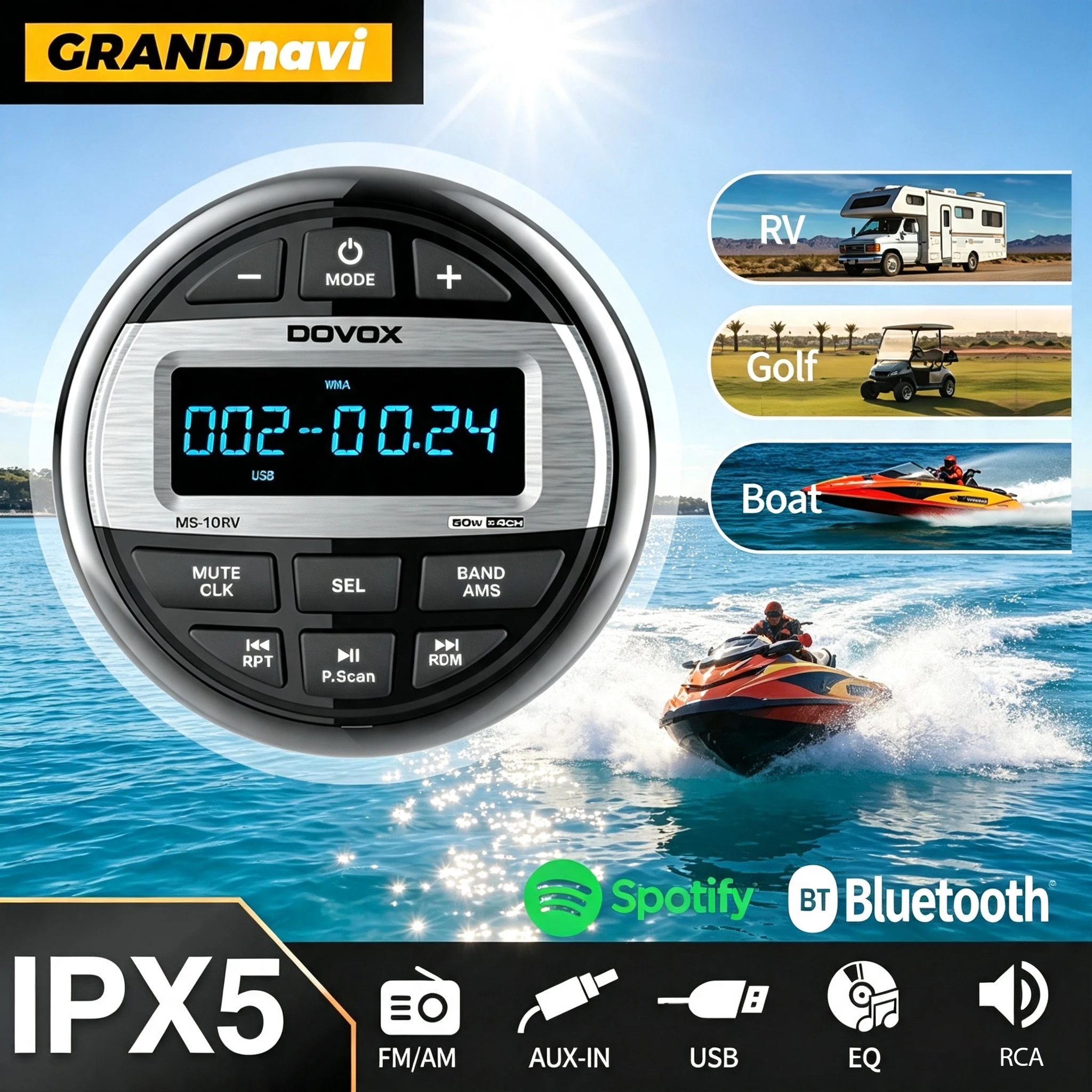 Bluetooth Marine Stereo Boat MP3 Radio Waterproof FM AM Digital Media Audio Player For Yacht Gauge ATV UTV Cart Motorcycle