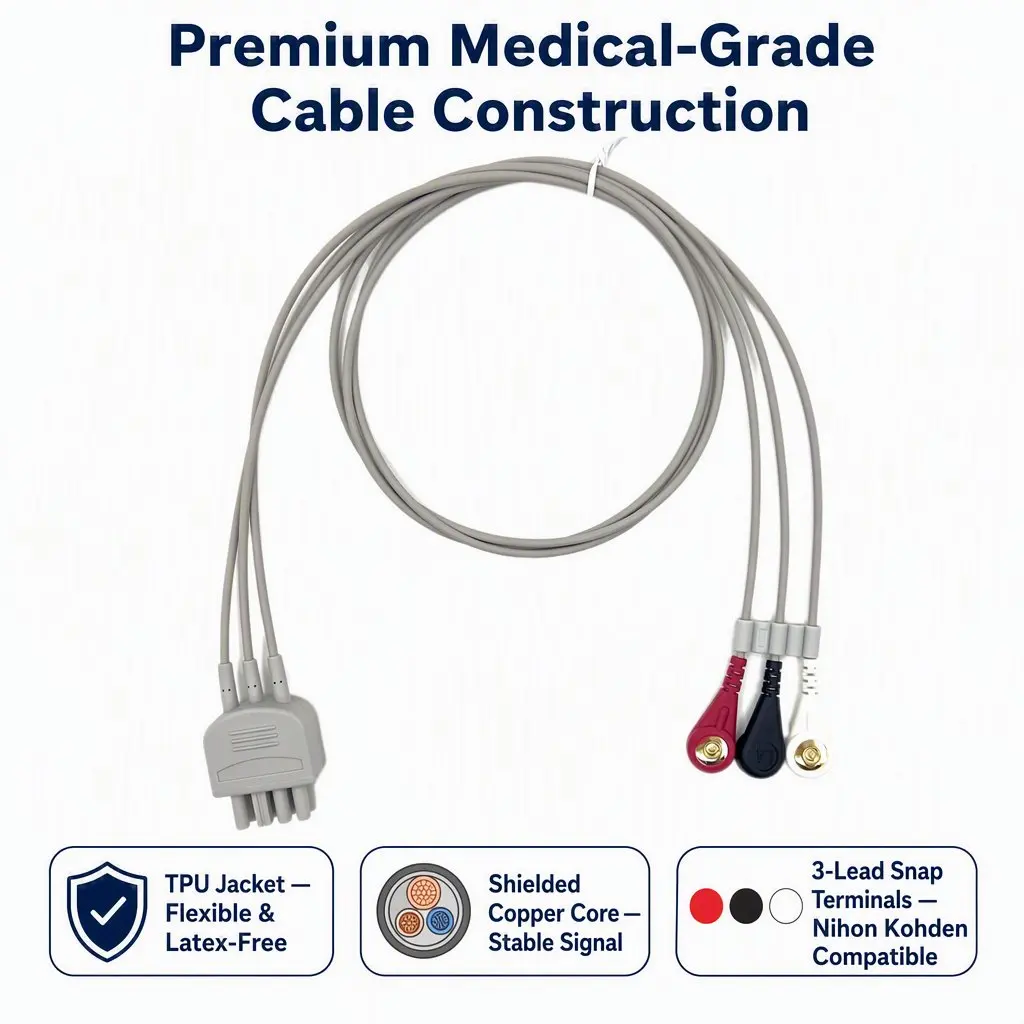 ECG Cable 3-Lead Snap 0.9m AHA IEC - Adult TPU - Model ZE0074T3