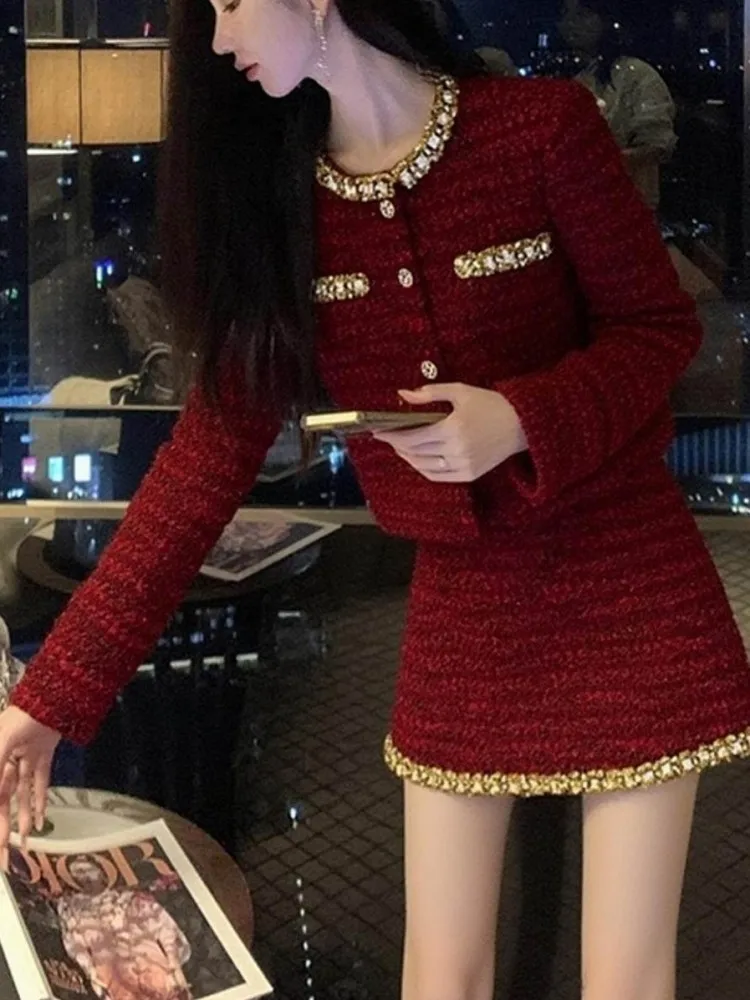 Leisure Ladies Single-Breasted Long Sleeves Round Neck Jackets Mini Skirts Two Piece Set Solid Color Sequins Matching Set
