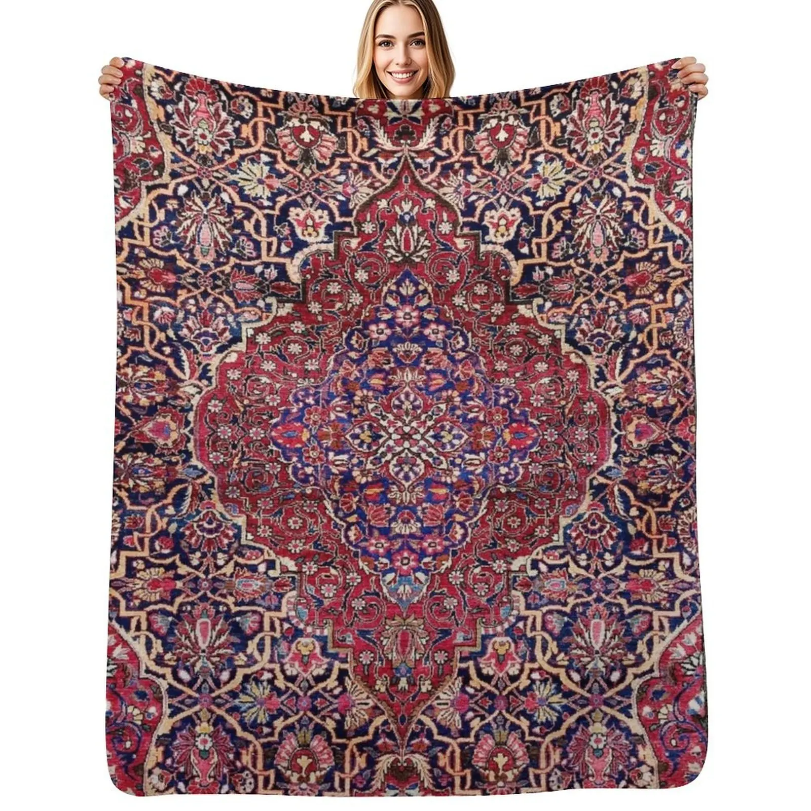 

Kashan Central Persian Silk Rug Print Throw Blanket Cozy Light Blanket for Travel Camping Picnic