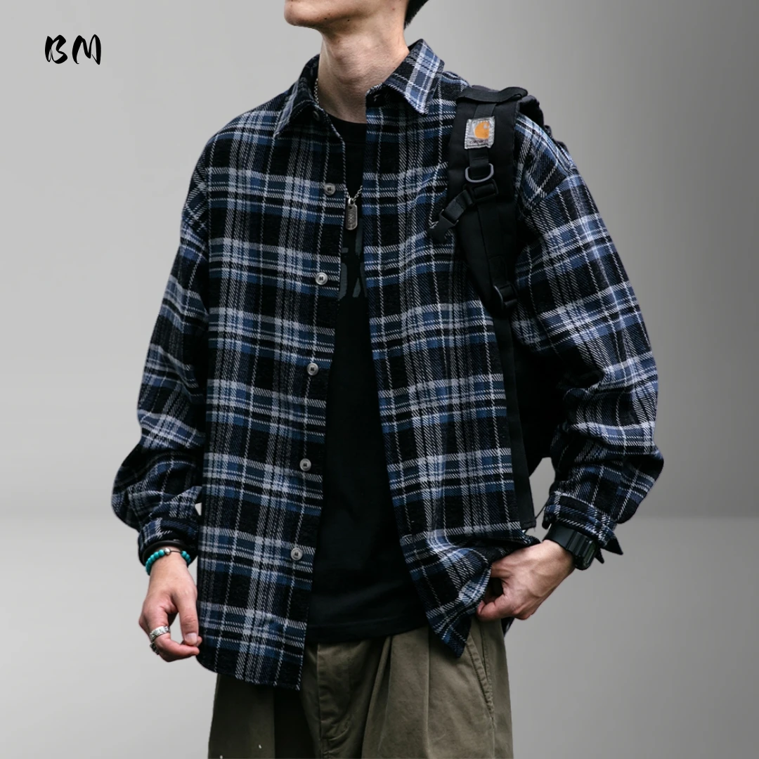 

Американская винтажная клетчатая рубашка для мужчин, корейское оверсайз с длинным рукавом, большие размеры, высокое качество, весенне-осеннее повседневное модное пальто для мужчин