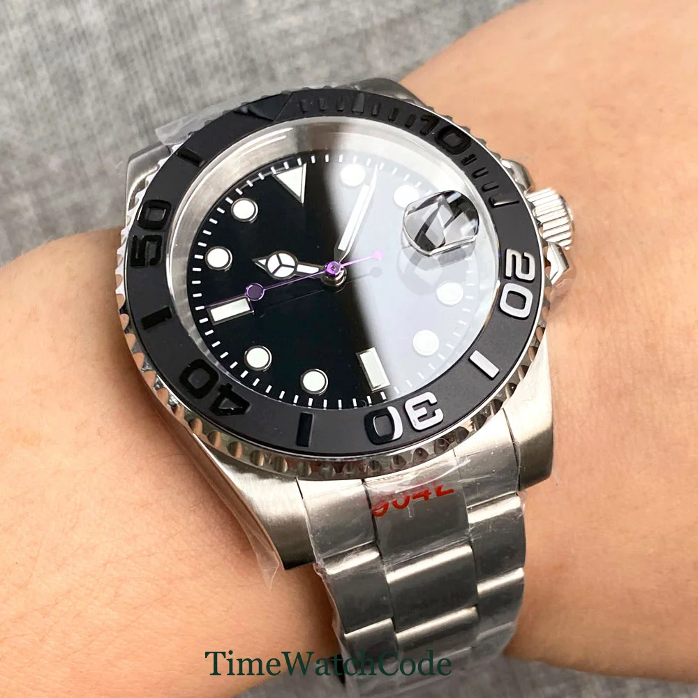 Tandorio Automatic Watch for Men NH35A Movement Diving 20BAR Waterproof Purple Seconds Sapphire Crystal Bracelet 40mm reloj