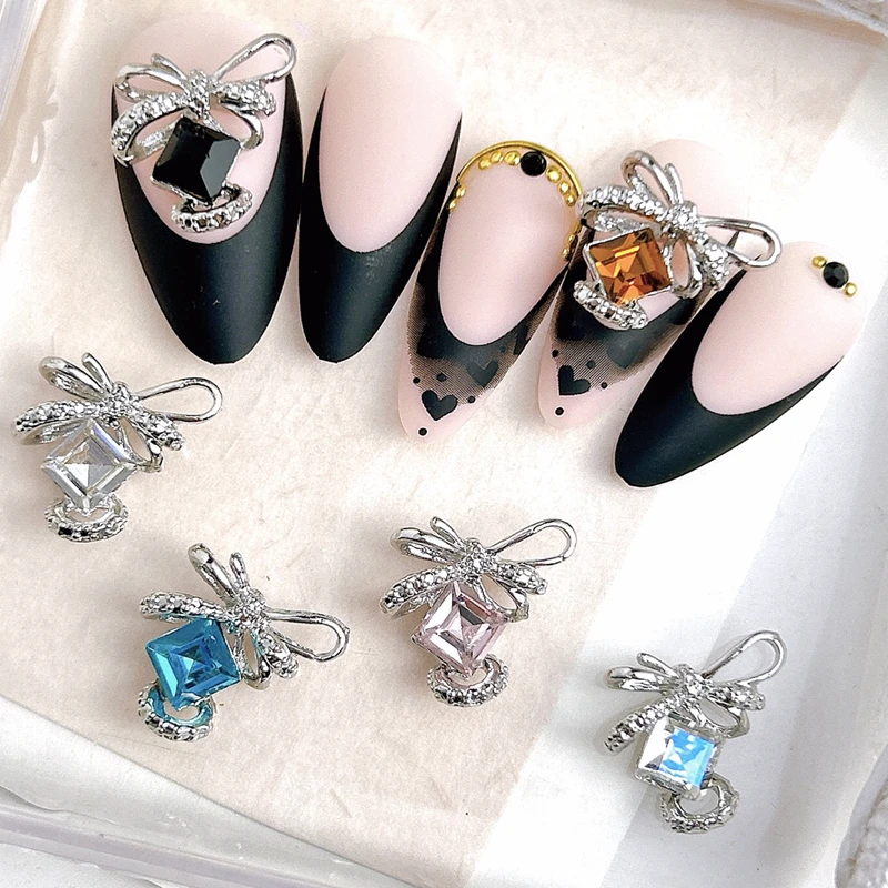 

10PC Luxury Alloy Bow Nail Art Charms Square Rhinestone Diamond Accessories Parts For Nails Decoration Design Supplies Material