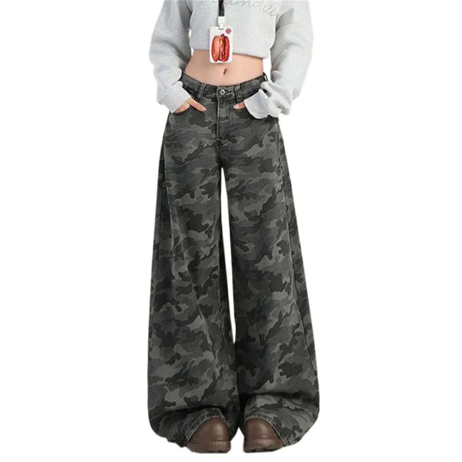 Y2K Women's Camouflage Print Jeans Fashionable Baggy Wide Leg Pants High Waist Loose Fit Streetwear Trousers