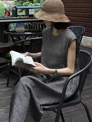 Vintage Japanese Style Loose Plaid Cotton Linen Tank Dress Women Summer Casual Basic Vacation Long Dress Female Clothing X1298