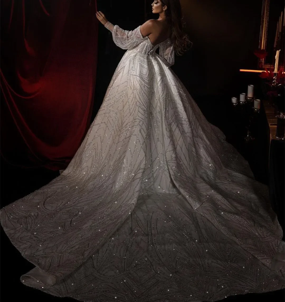 Customized Luxurious Shiny 3D Lace Sequins Women's Dance Dress Long Sleeved Sweetheart Collar Backless Sexy Beach Bride Dress